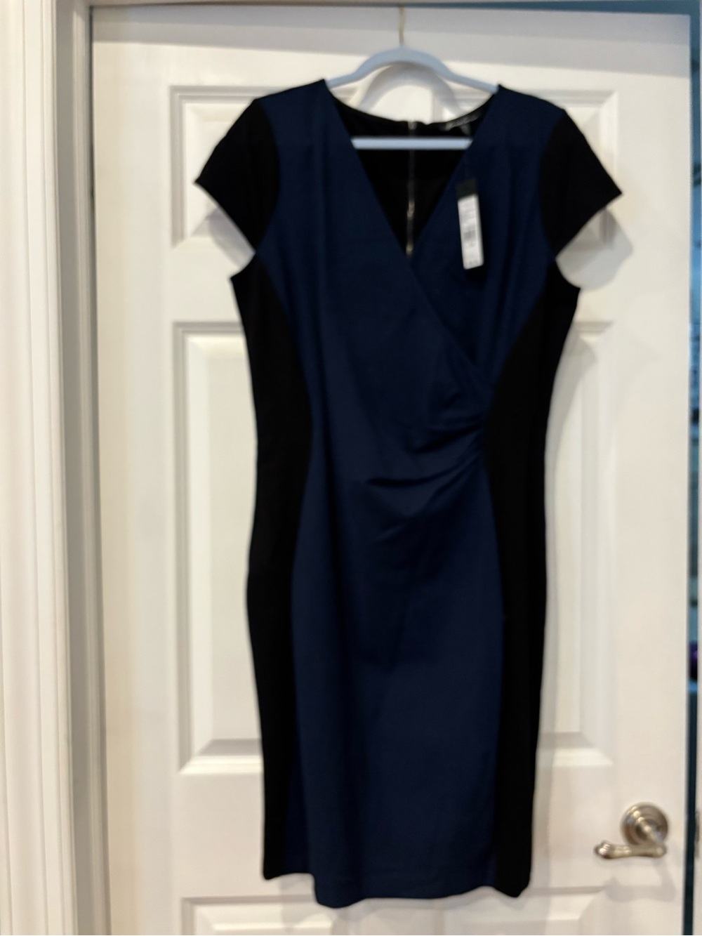 Kenneth Cole Navy and Black Faux-Wrap Sheath Dress
